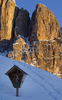 Landscape with high Dolomite mountains around Gardena pass in Val Gardena, Italy on late winter evening of 11th of March 2011.
