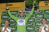 Sylvain Chavanel of France (Quick Step) in green jersey as the best rider in points classification at the flower ceremony of the second stage of the 97th Tour de France from Bruxelles to Spa (Belgium). The stage was 201 km long. The second stage of 97th of Tour de France 2010 from Bruxelles to Spa was held on Monday, 5th of July 2010 in Belgium.
