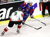 Ziga Pance (no.19) of Slovenia (R) and Bence Svasznek (no.3) of Hungary (L) during ice hockey match of IIHF Ice hockey World championships Division I, group B between Slovenia and Hungary. Match between Slovenia and Hungary of IIHF Ice hockey World championships Division I, group B was held on Friday, 23rd of April 2010 in Ljubljana, Slovenia.
