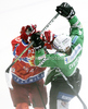 Pretnar Klemen (no.21) of HK Jesenice (L) and Igor Cvetek (no.4) of HDD Olimpija (R) during ice hockey match Summer League Rudi Hiti (Poletna liga Rudi Hiti) 2010 between HDD Tilia Olimpija and HK Acroni Jesenice. Match between HDD Tilia Olimpija and HK Acroni Jesenice was held on Friday, 20th of August 2010 in Ljubljana, Slovenia.
