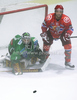 Ales Sila (no.1) of HDD Olimpija (L) and Lysak Brett (no.11) of HK Jesenice (R) during ice hockey match Summer League Rudi Hiti (Poletna liga Rudi Hiti) 2010 between HDD Tilia Olimpija and HK Acroni Jesenice. Match between HDD Tilia Olimpija and HK Acroni Jesenice was held on Friday, 20th of August 2010 in Ljubljana, Slovenia.
