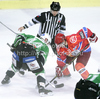 Pretnar Klemen (no.21) of HK Jesenice (R) and John Hughes (no.44) of HDD Olimpija (L) during ice hockey match Summer League Rudi Hiti (Poletna liga Rudi Hiti) 2010 between HDD Tilia Olimpija and HK Acroni Jesenice. Match between HDD Tilia Olimpija and HK Acroni Jesenice was held on Friday, 20th of August 2010 in Ljubljana, Slovenia.
