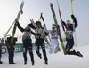 Team Sweden celebrate silver medal won in women 4x5km relay race of FIS Nordic skiing World championships in Oslo, Norway. Women 4x5km relay race of FIS Nordic skiing World championships was held on Holmenkollen above Oslo, Norway, on Thursday, 3rd of March 2011.
